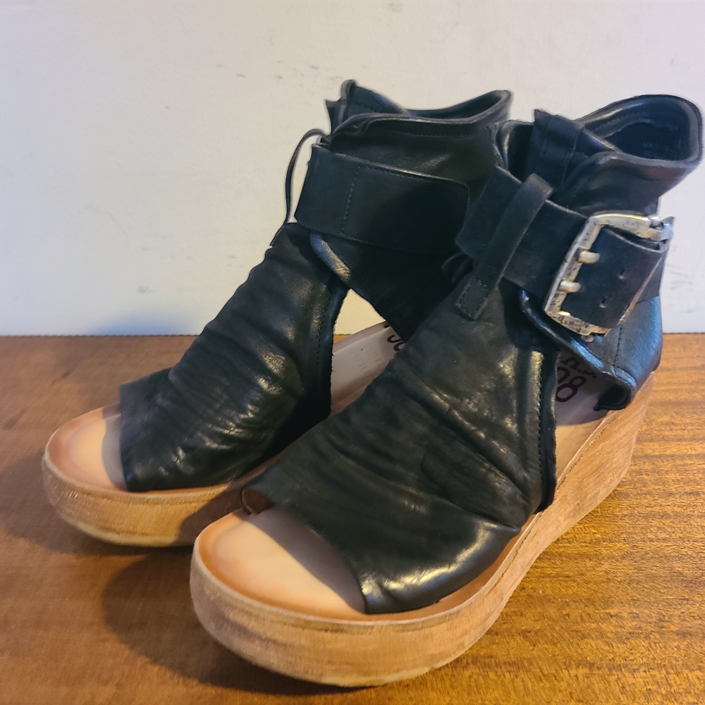A.S.98 Naya Black Leather Wedge Sandals Size 37 - Picture 5 of 7